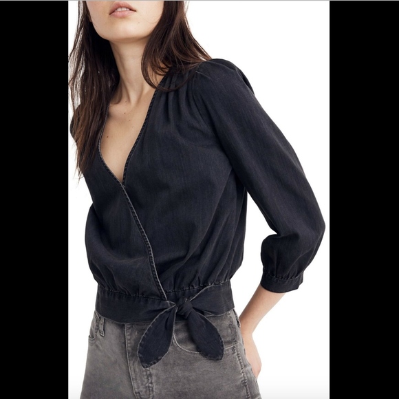 NWT $78 Madewell Denim Wrap Top Blouse Black SZ XS - Picture 2 of 8